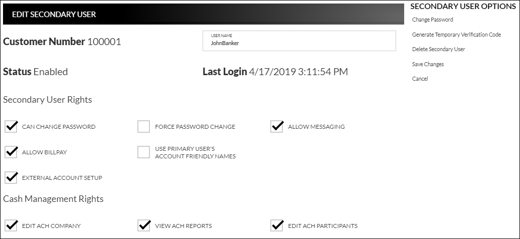 Secondary users view of account settings